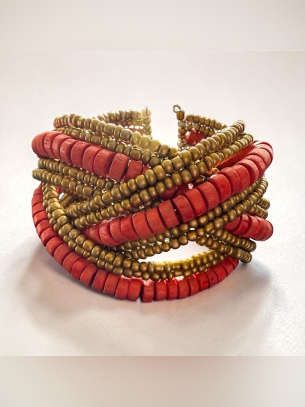Red Wood and Gold Multi-Strand Beaded Cuff Bracelet